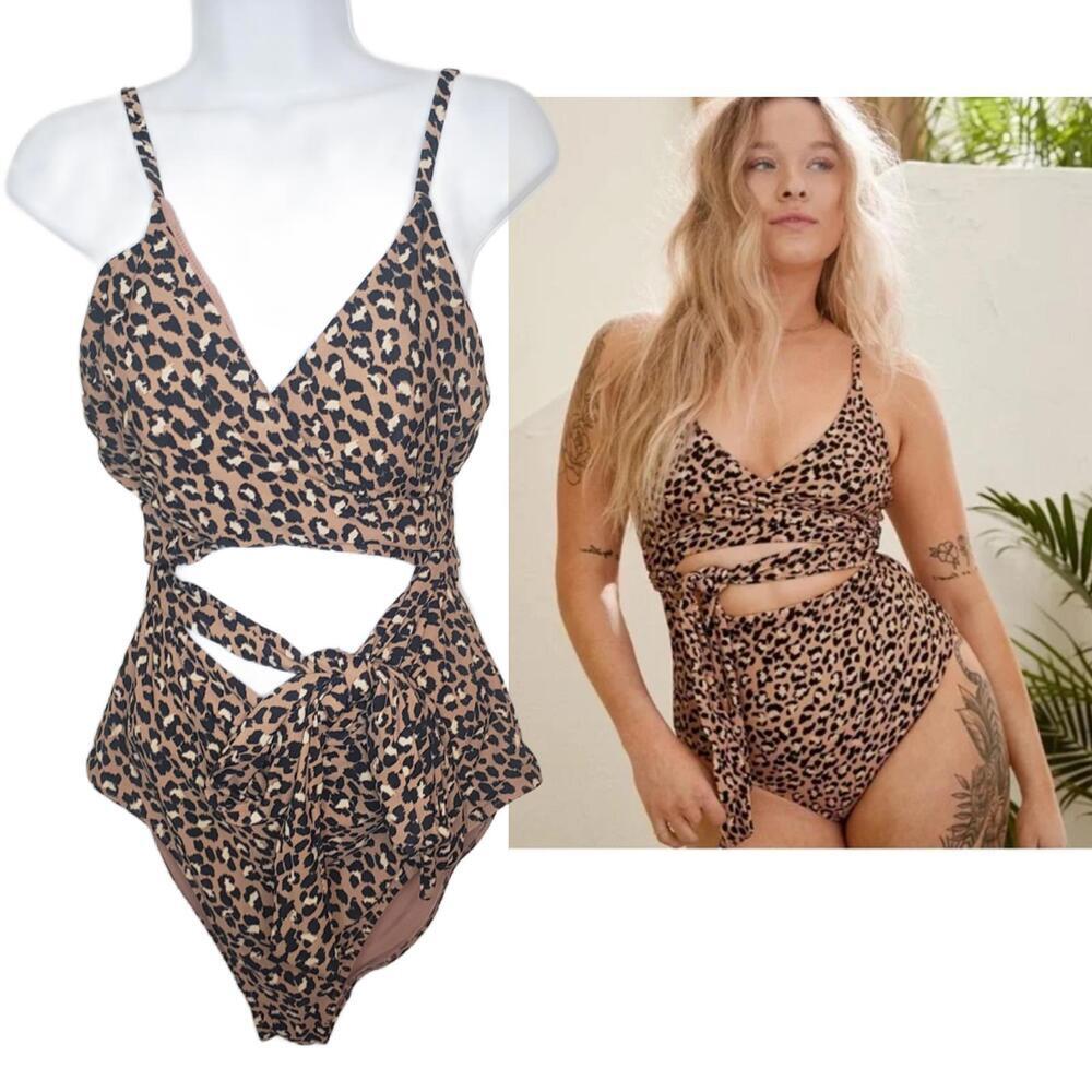 Aerie Women's XL Tan Leopard Print Wrap One Piece Swimsuit (1874)